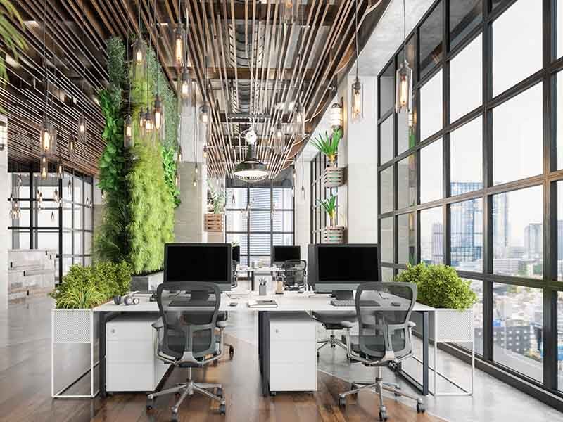 Open concept shared office space with living green wall